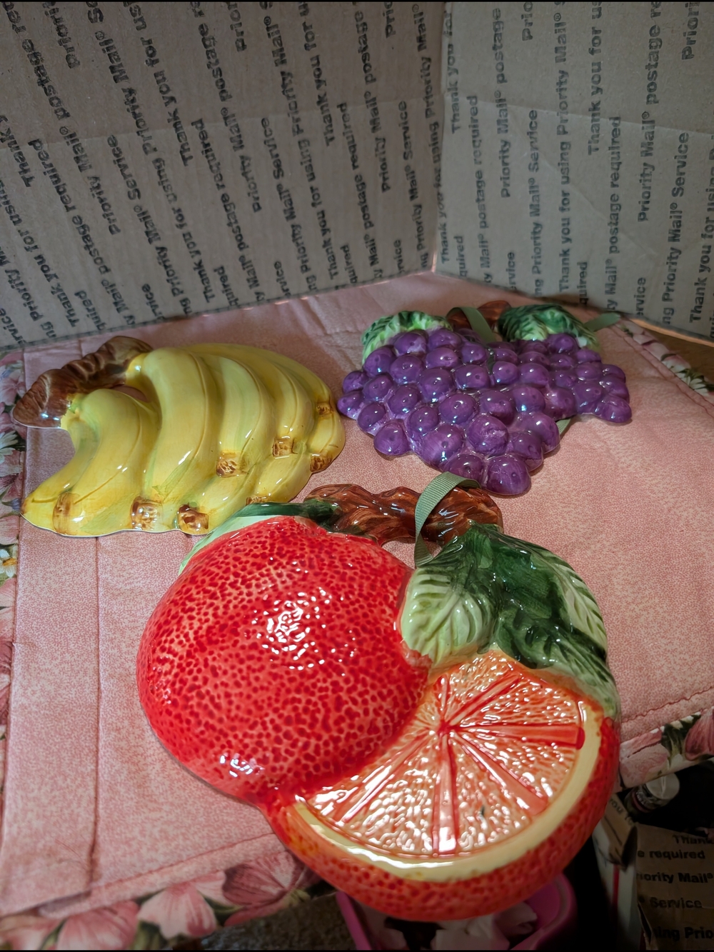 Ceramic Fruit Wall Plaques - Red Orange, Yellow Banana, Purple Grape